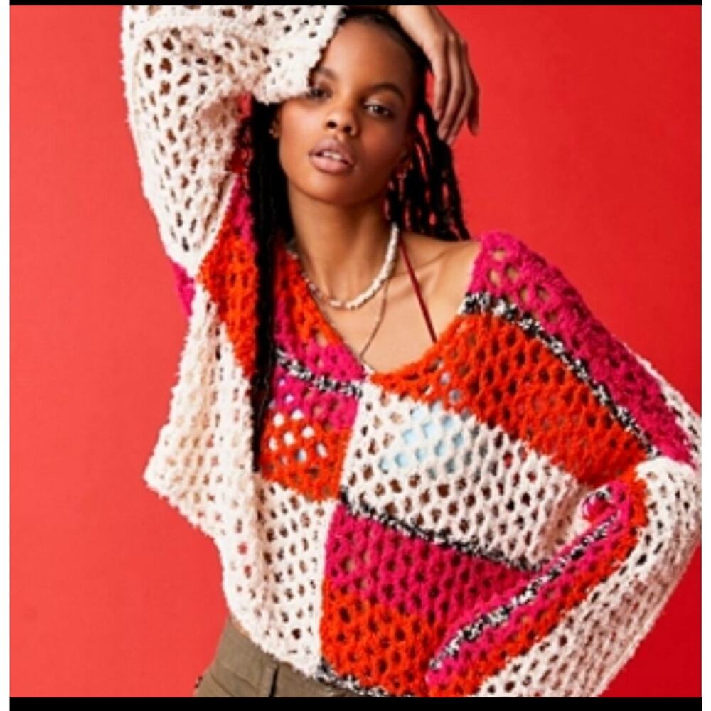 Free People Crochet Patchwork Sweater Size Large Flare Boho Open Knit Colorblock